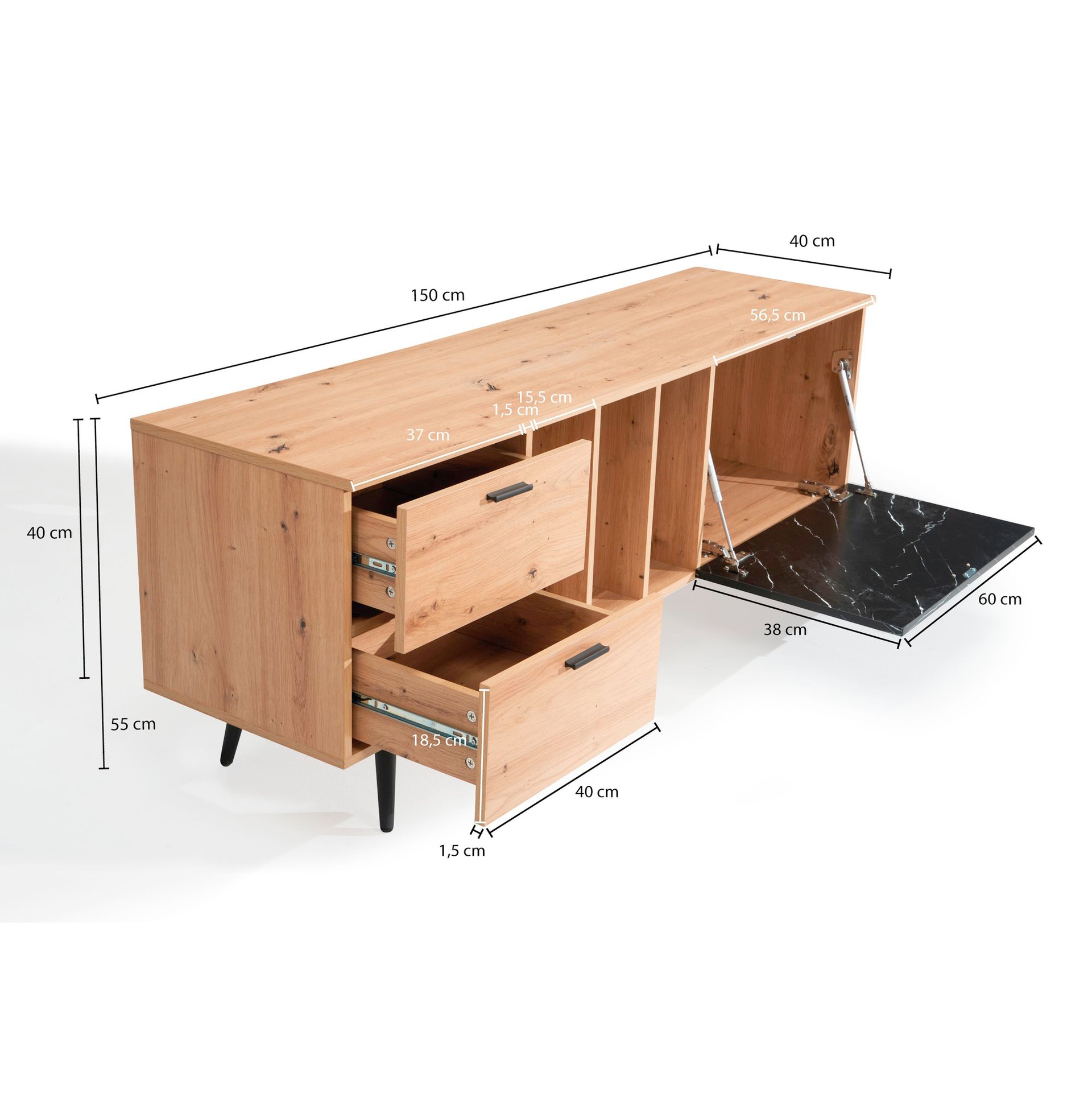 Lowboard 150 x 55 cm Eiche-Dekor/Marmor-Optik