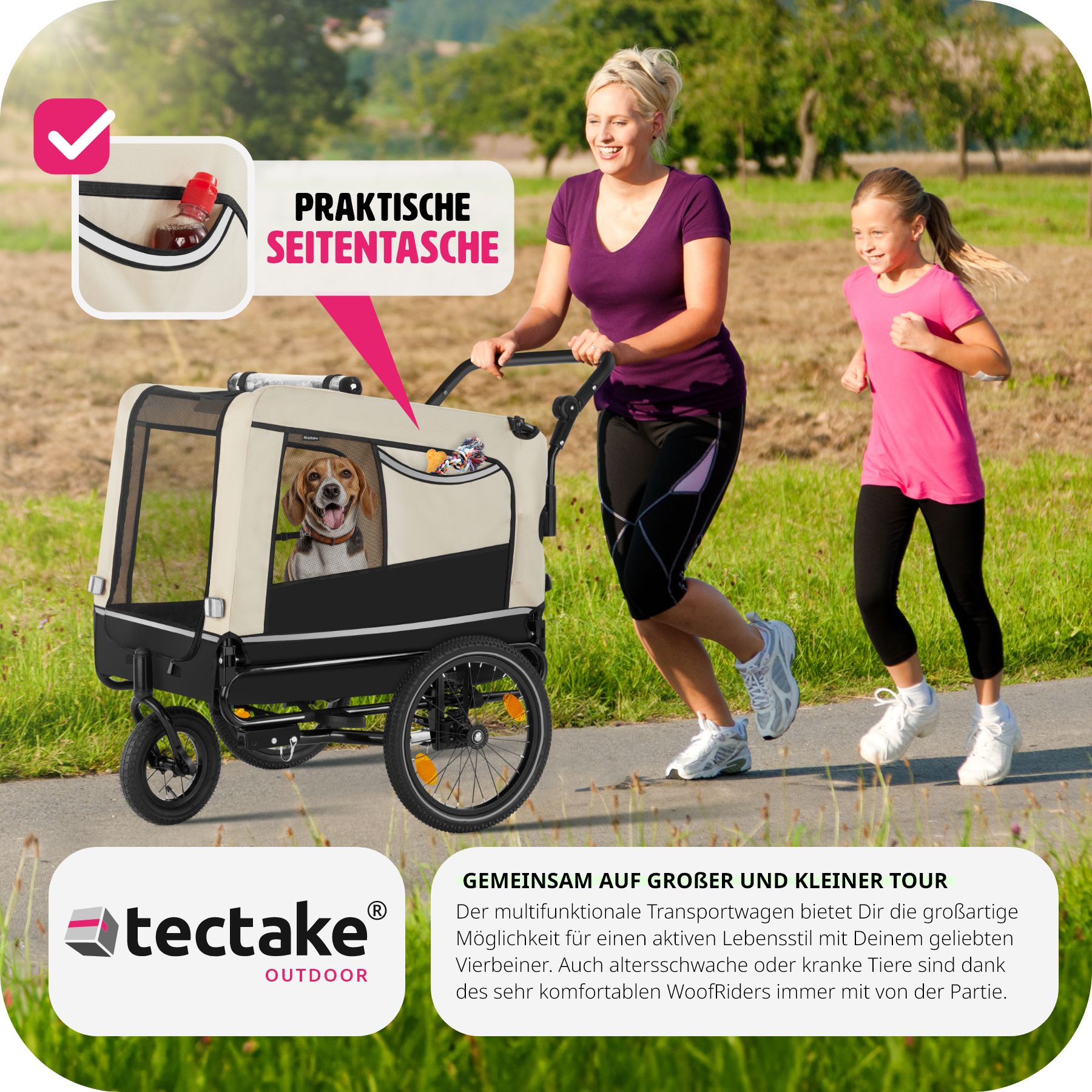 tectake® Hundeanhänger, 3in1 multifunktional, gefedert, Belastbarkeit 40 kg, 240 Liter, inklusive Reflektoren, Leine und Warnfahne