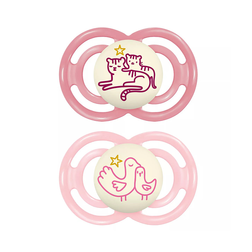 Lot de 2 sucettes silicone Perfect Nuit 6M+ animaux (modèle aléatoire)