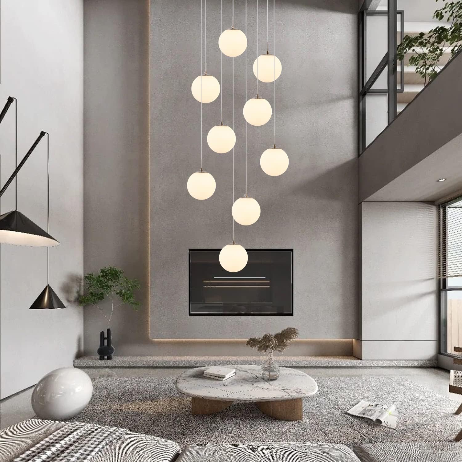 H.W.S Pendelleuchte Modern Treppenhaus Kugel Hängeleuchte Esstisch G9 Kronleuchter, Höhenverstellbar,Designer Deckenlampe,Weiss LED Hängelampe Wohnzimmer Villa Küchen Flurlampe,Retro Lampe (9 flammig)