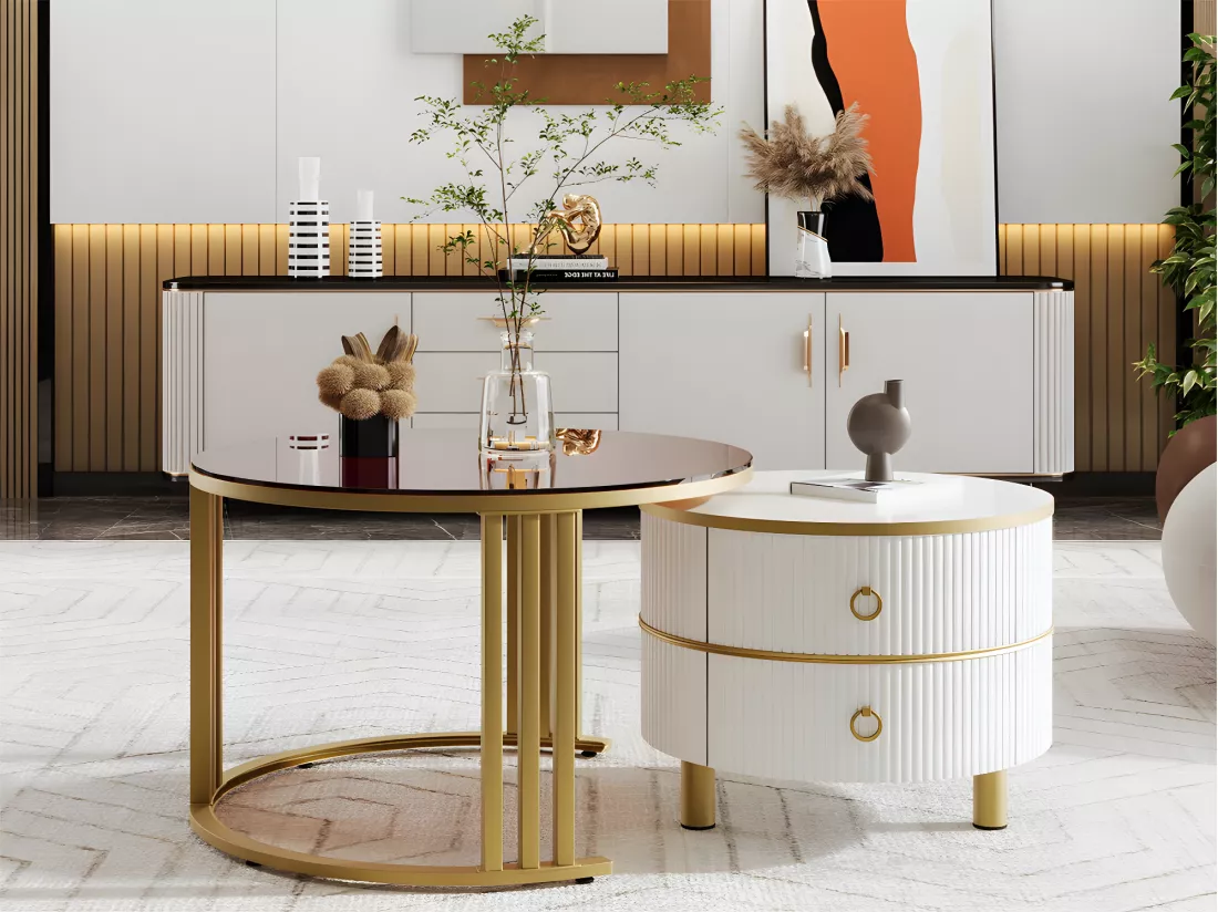 Lot de 2 tables basses gigognes avec 2 tiroirs - plateau en verre trempé Marron - Blanc