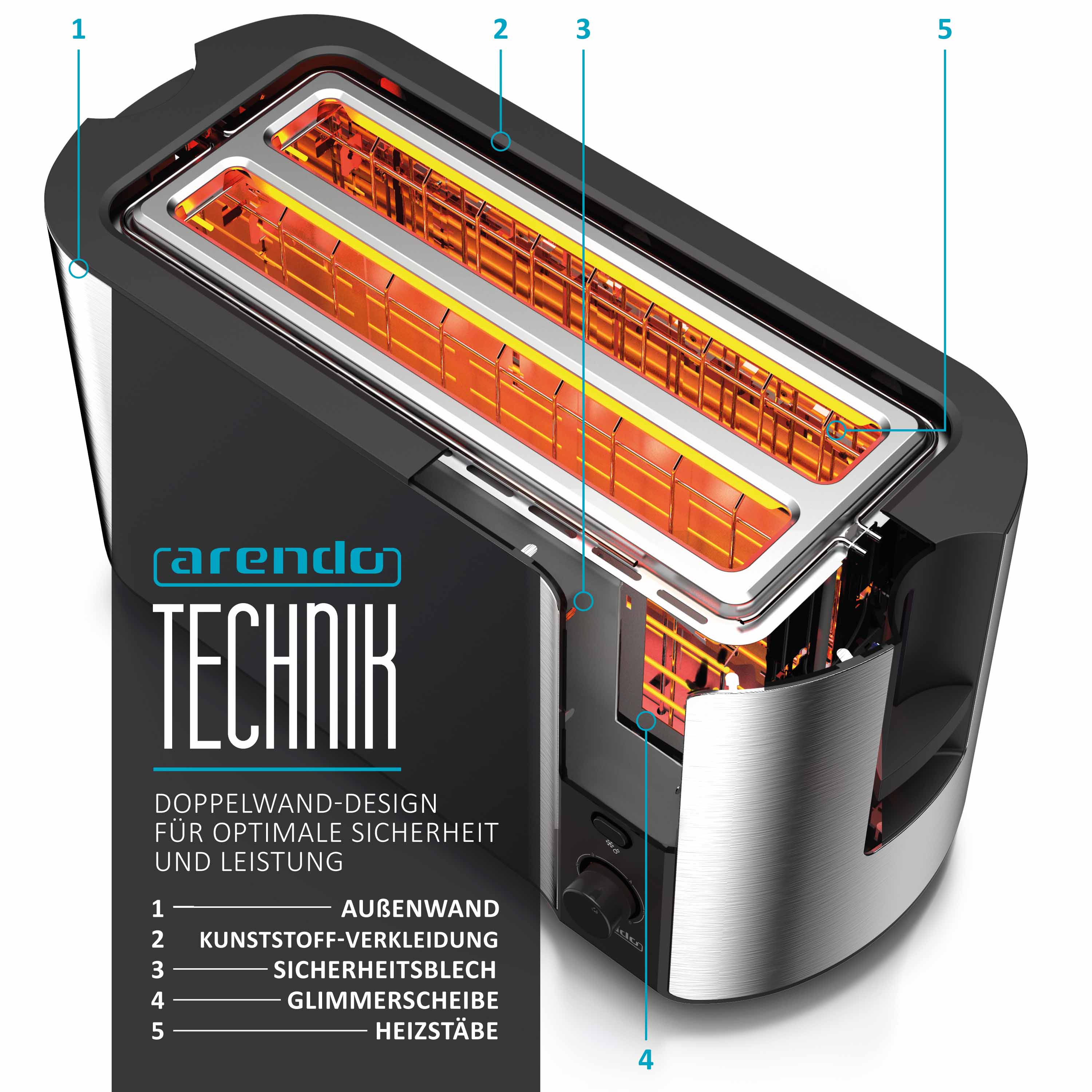 Arendo Automatik Langschlitz Toaster mit Brötchenaufsatz, Familientoaster für 4 Scheiben, Display, Auftaufunktion, Weiß