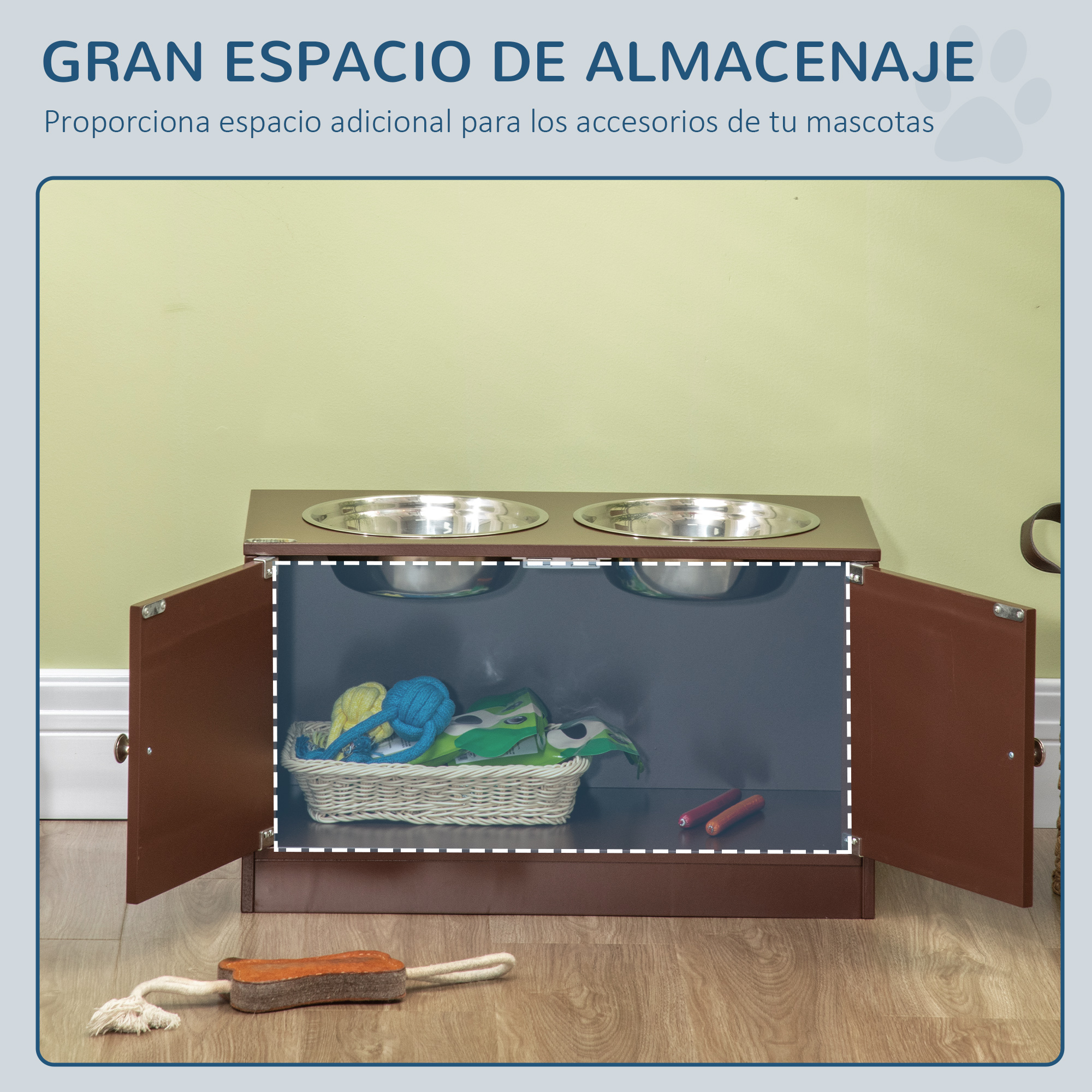 Comedouro elevado PawHut para cães grandes com 2 tigelas de aço inoxidável de 2000 ml, com 2 portas e compartimento de armazenamento oculto, 60 x 30 x 35,5 cm, marrom.