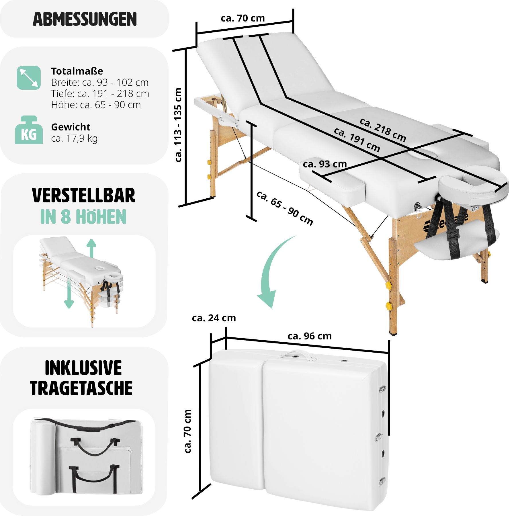 tectake® 3 Zonen Massageliege, Polsterung 7,5 cm, Breite 70 cm mit Holzgestell, verstellbare Ablagen für Kopf und Arme, 218 x 102 x 65 - 90 cm