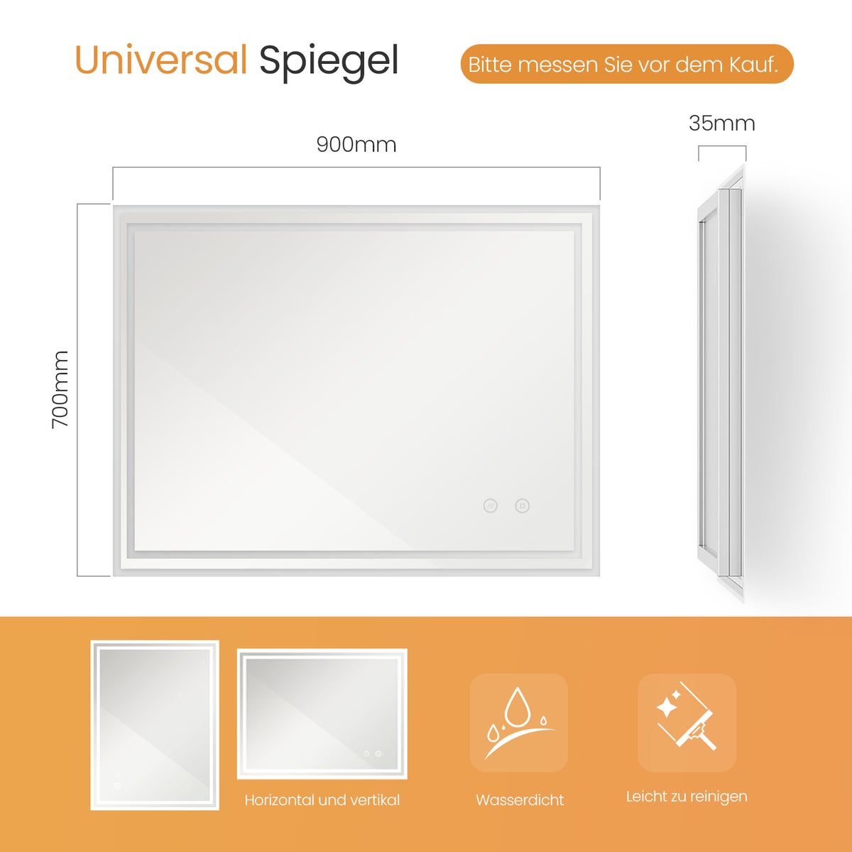 EMKE Badkamerspiegel met verlichting, LED-spiegel met aanraakschakelaar, anti-condens, 90 x 70 cm, koel wit