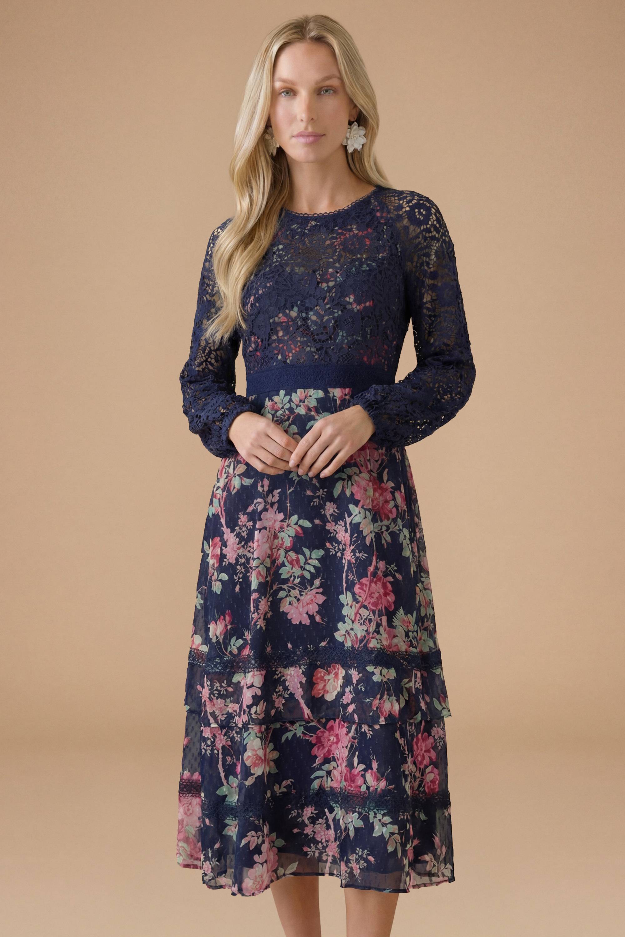 Oasis Robe Midi à Corsage en Dentelle Florale Petite Occasion