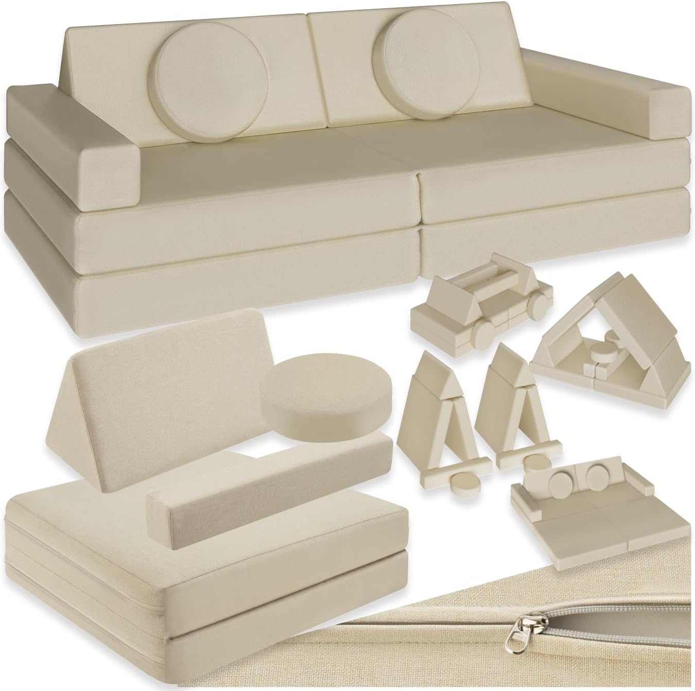 tectake® Spielsofa, Kindersofa klappbar, modulares Sofa mit Spiel- und Schlaffunktion, Möbel für Kinderzimmer, Indoor Spielplatz, Couch oder Sitzkissen, Schaumstoff Stapelsteine - 120 cm, beige