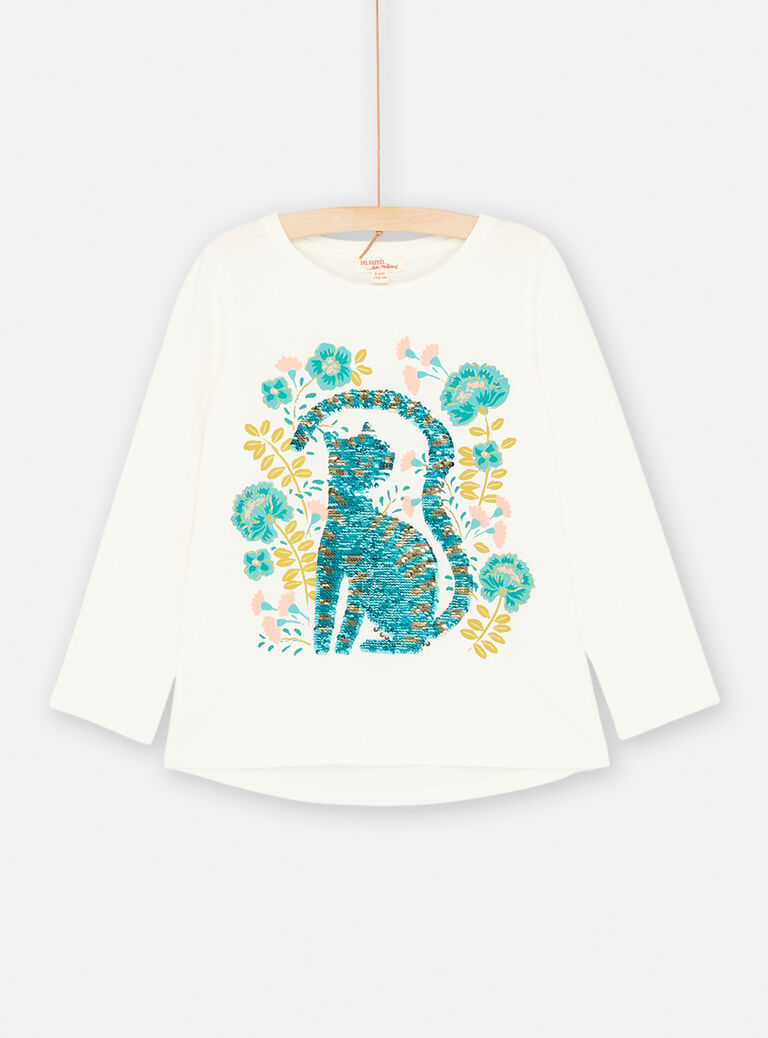 T-shirt écru à animation chat pour fille