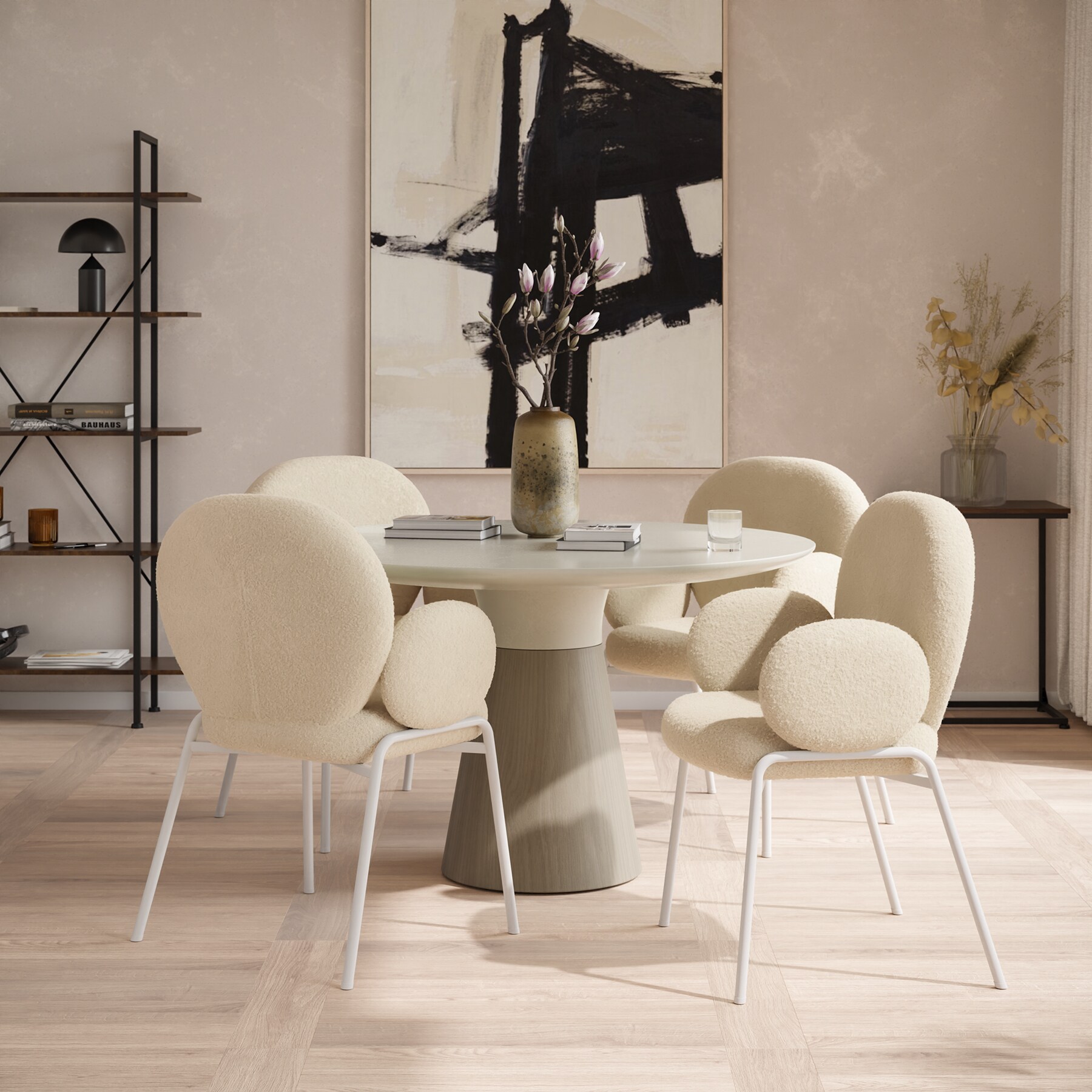 tectake® Stuhl, gepolstert mit Bouclé-Bezug, runde Stahlbeine, Belastbarkeit 120 kg, 61,5 x 62 x 90 cm