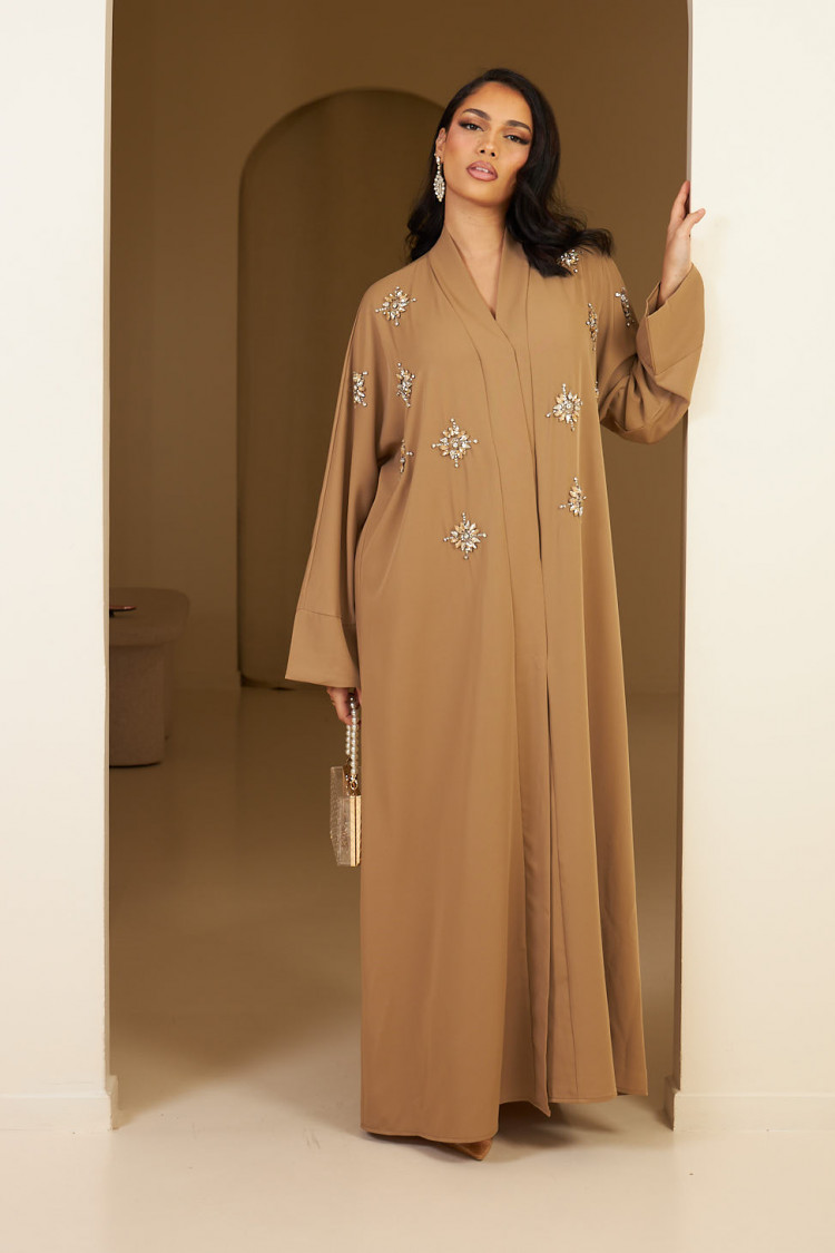 Kimono beige foncé à strass doré et argenté