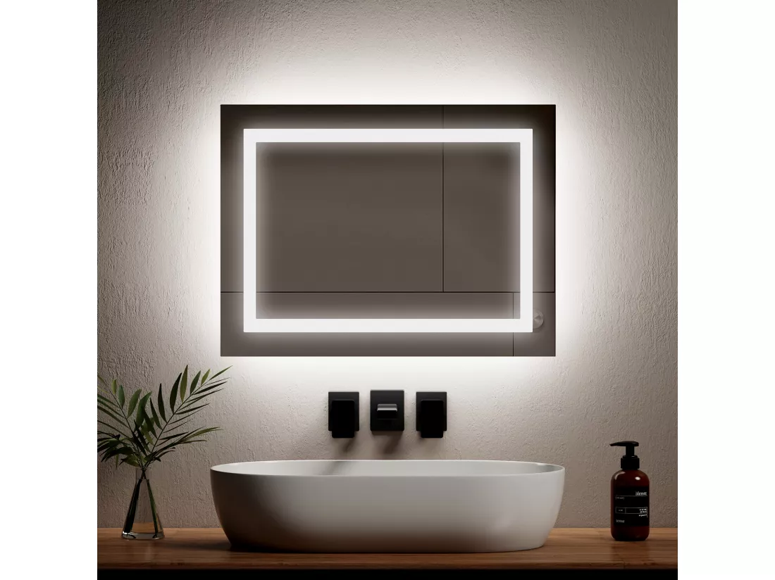 EMKE Miroir lumineux salle de bain 60x40cm, Miroir LED avec Interrupteur à bouton, Anti-buée, Miroir avec éclairage lumière Blanche Froide/Chaude