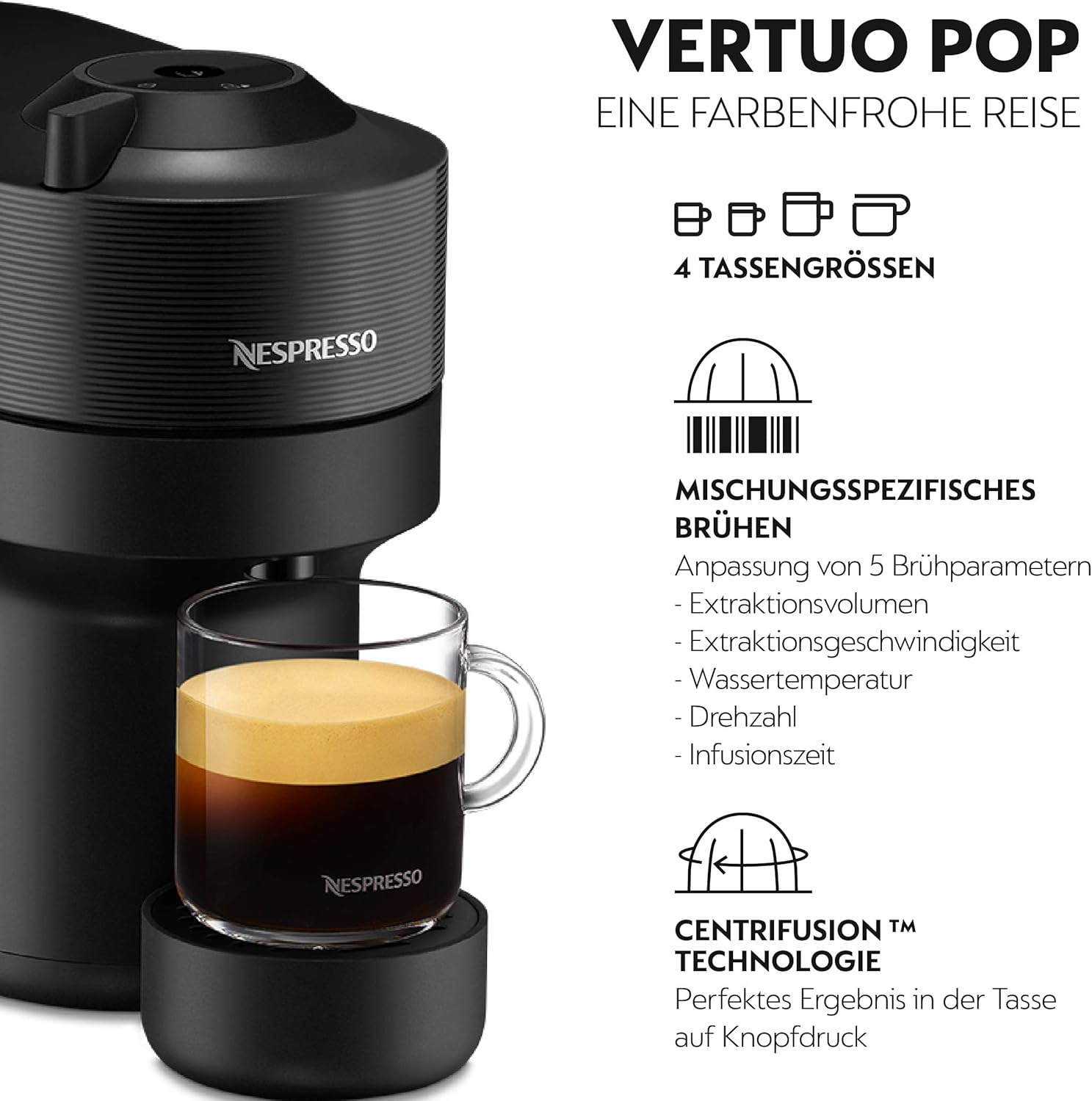 Nespresso De'Longhi ENV90.BAE Vertuo Pop, Kaffeekapselmaschine + Aeroccino, Centrifusion-Technologie, Willkommens-Paket Inbegriffen, 1260W, Schwarz