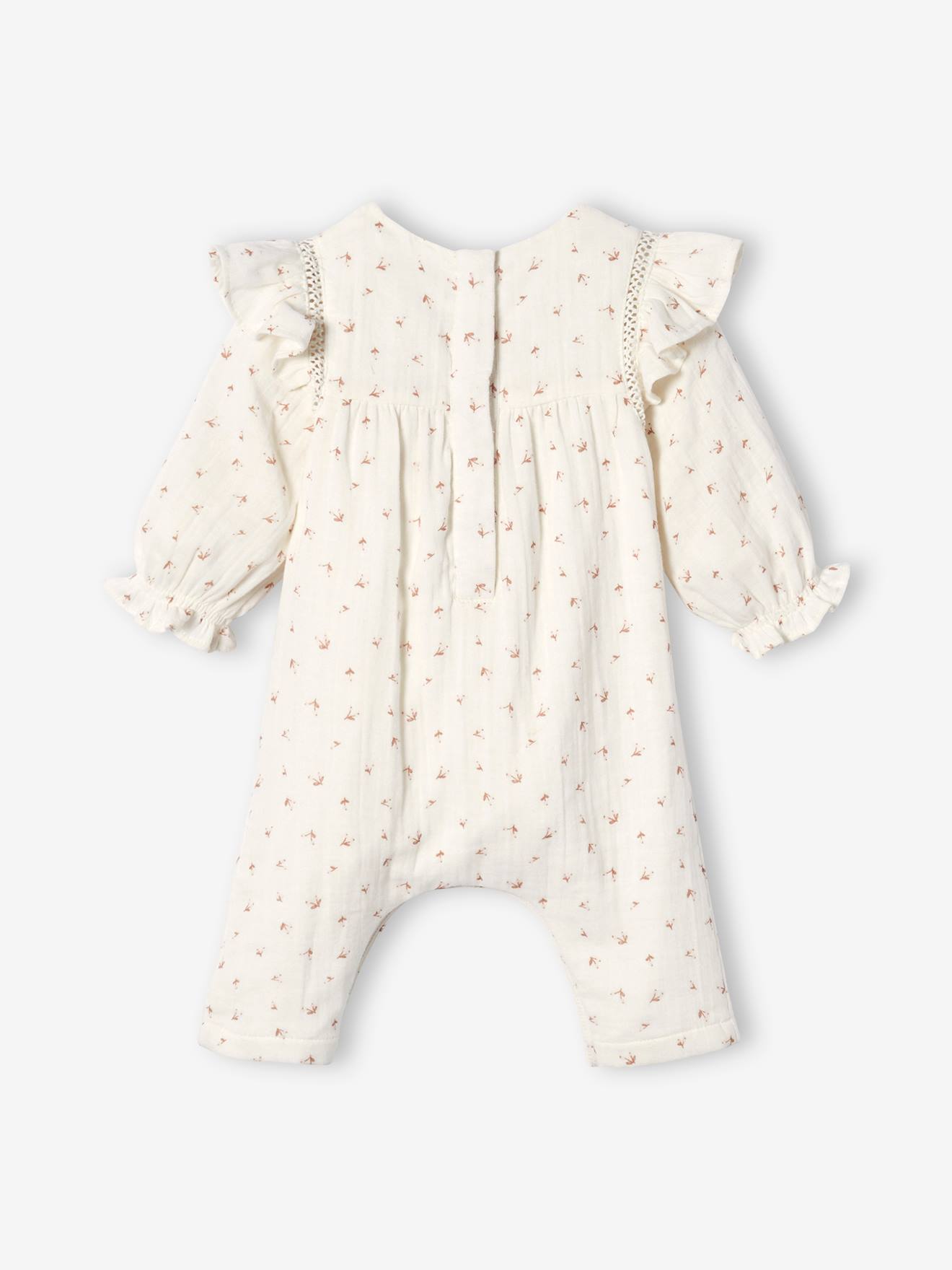 Macacão de chiffon de algodão cru com babados para bebê