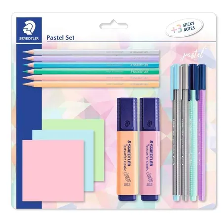 STAEDTLER® Pastell Set mit 6 Farbstiften, 2 Textsurfern, 2 Finelinern, 2 triplus color und 3 Haftnotizblöcken
