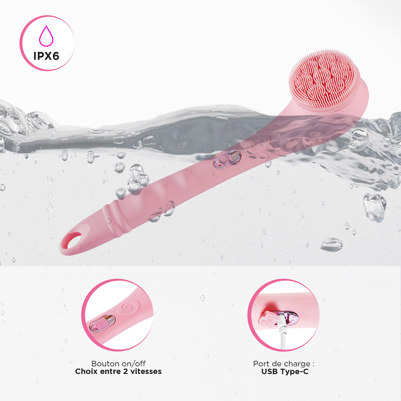 Yoghi Brosse de douche electrique sans fil clean body rose
