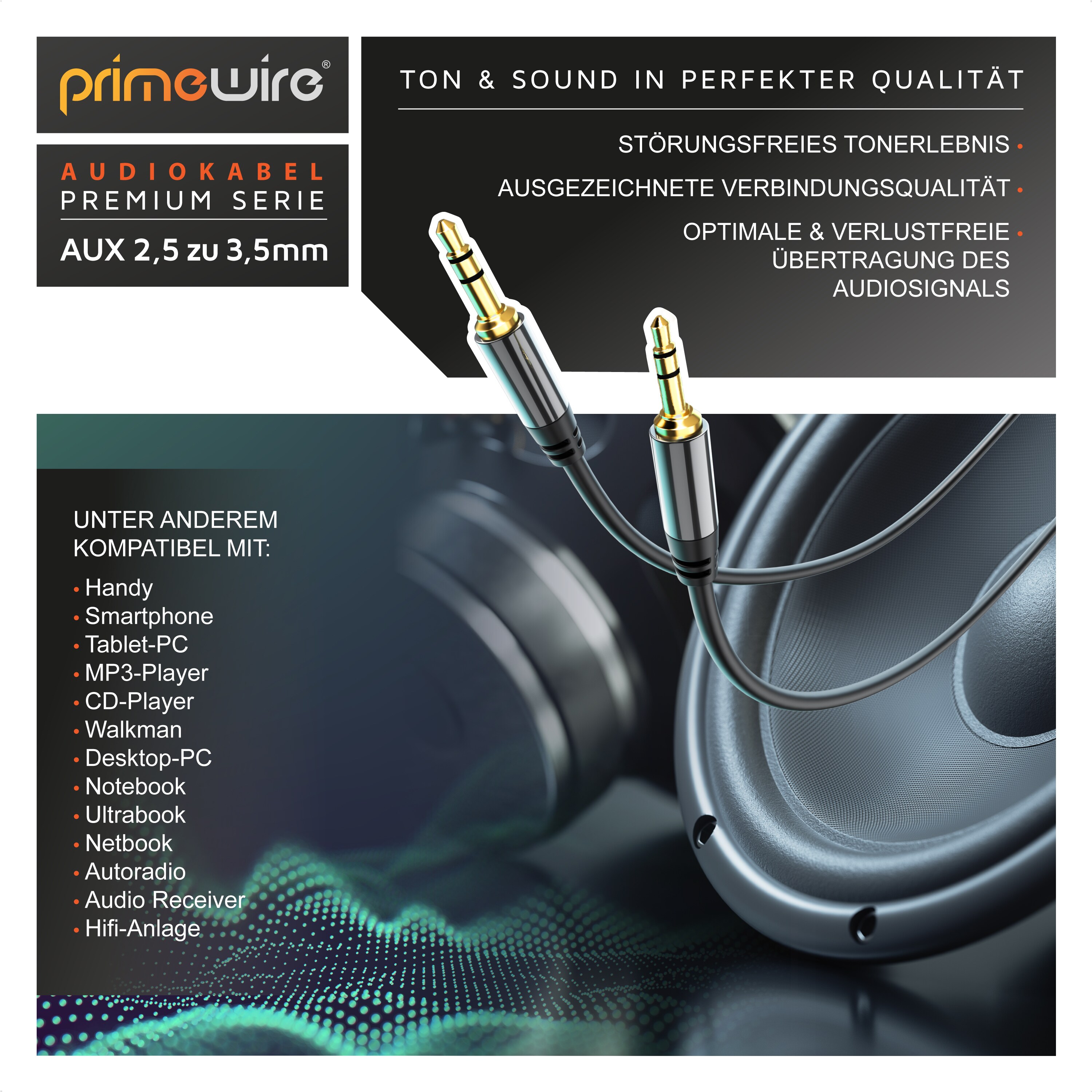 Primewire 2,5-mm-Klinke zu 3,5-mm-Klinke Audio Kabel, AUX, HiFi Audio Adapter Klinkenkabel / Verbindungskabel - 1,5m