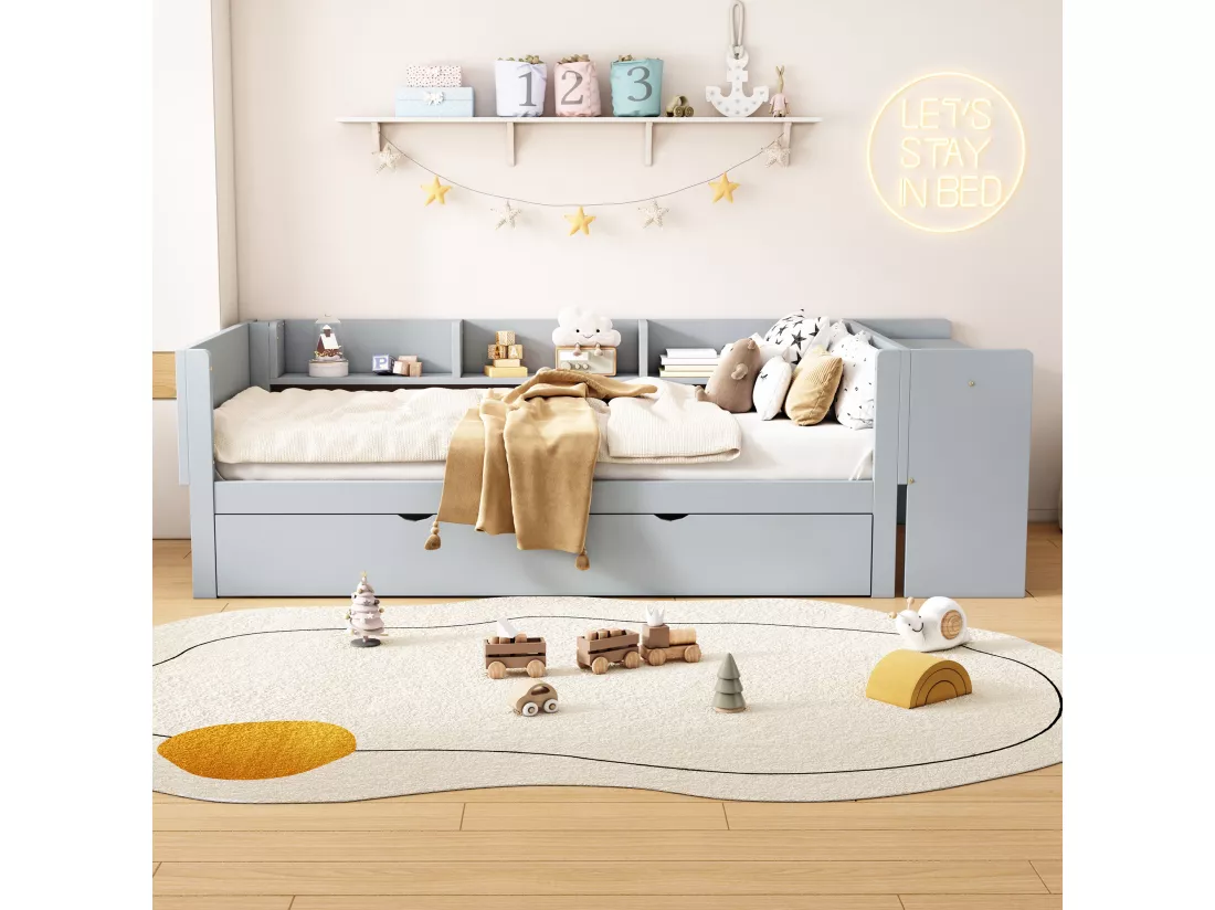 Lit gigogne 90 x 200 cm + 90 x 180 cm avec bureau et 3 étagères - bois massif de pin - sommier à lattes - gris