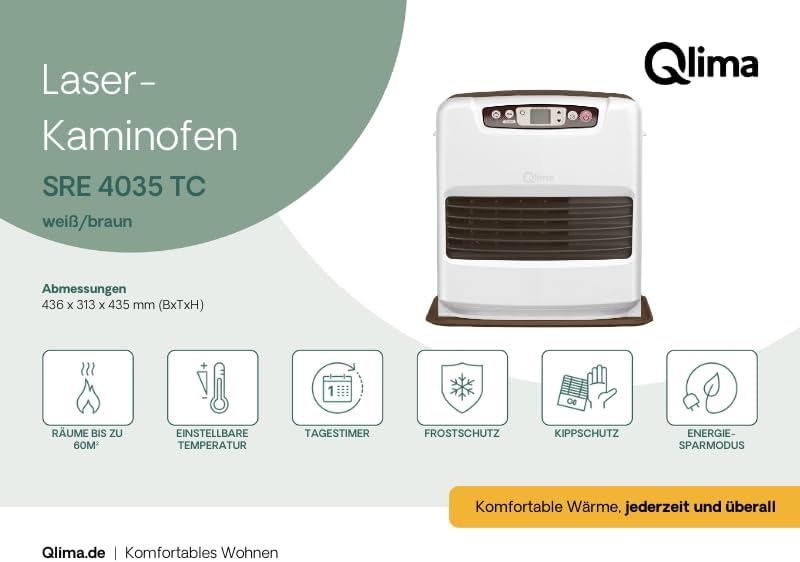 Qlima Laserofen SRE 4035 TC wit - Integrierter Timer, programmierbare Zündung, 3500 W, 220 V - 50 Hz, Grau, Klassisch, Ofen, Raumheizer