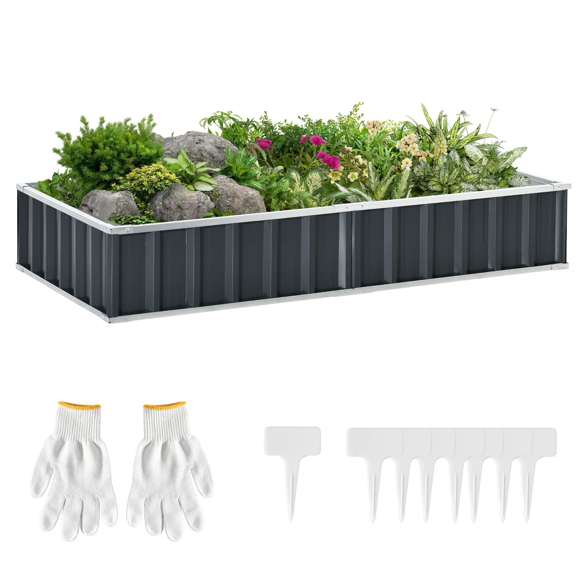 Jardineira retangular Outsunny Urban Garden, 174x90x30 cm, em aço, com luvas inclusas, ideal para o cultivo de plantas e flores em terraços, varandas e áreas externas, na cor cinza.
