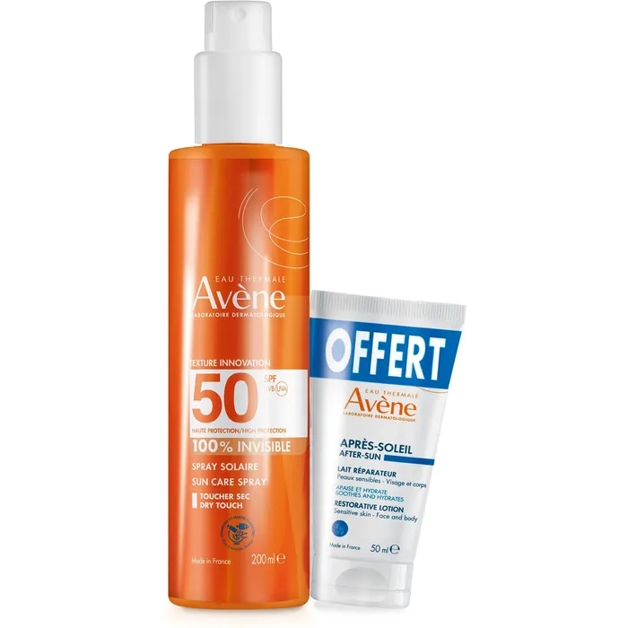 SOLAIRE - Spray Invisible SPF50 Visage et Corps 200ml + Lait Réparateur Après-Soleil 50ml Offert