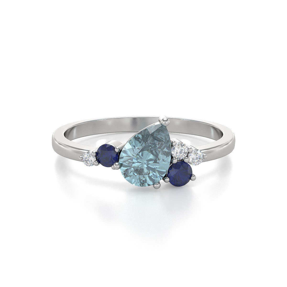 Bague ADEN Or 585 Blanc Aigue-Marine Saphir et diamants 2.296grs