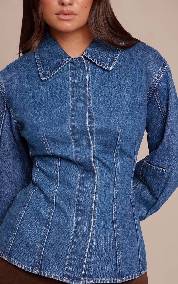 Bleu Foncé Chemise En Jean Cintrée À Manches Ballon