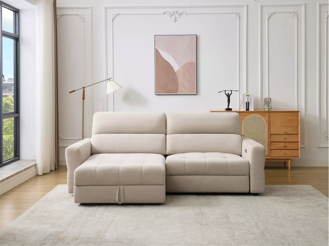 Canapé d'angle gauche relax électrique avec assise coulissante en tissu beige OLMERIO