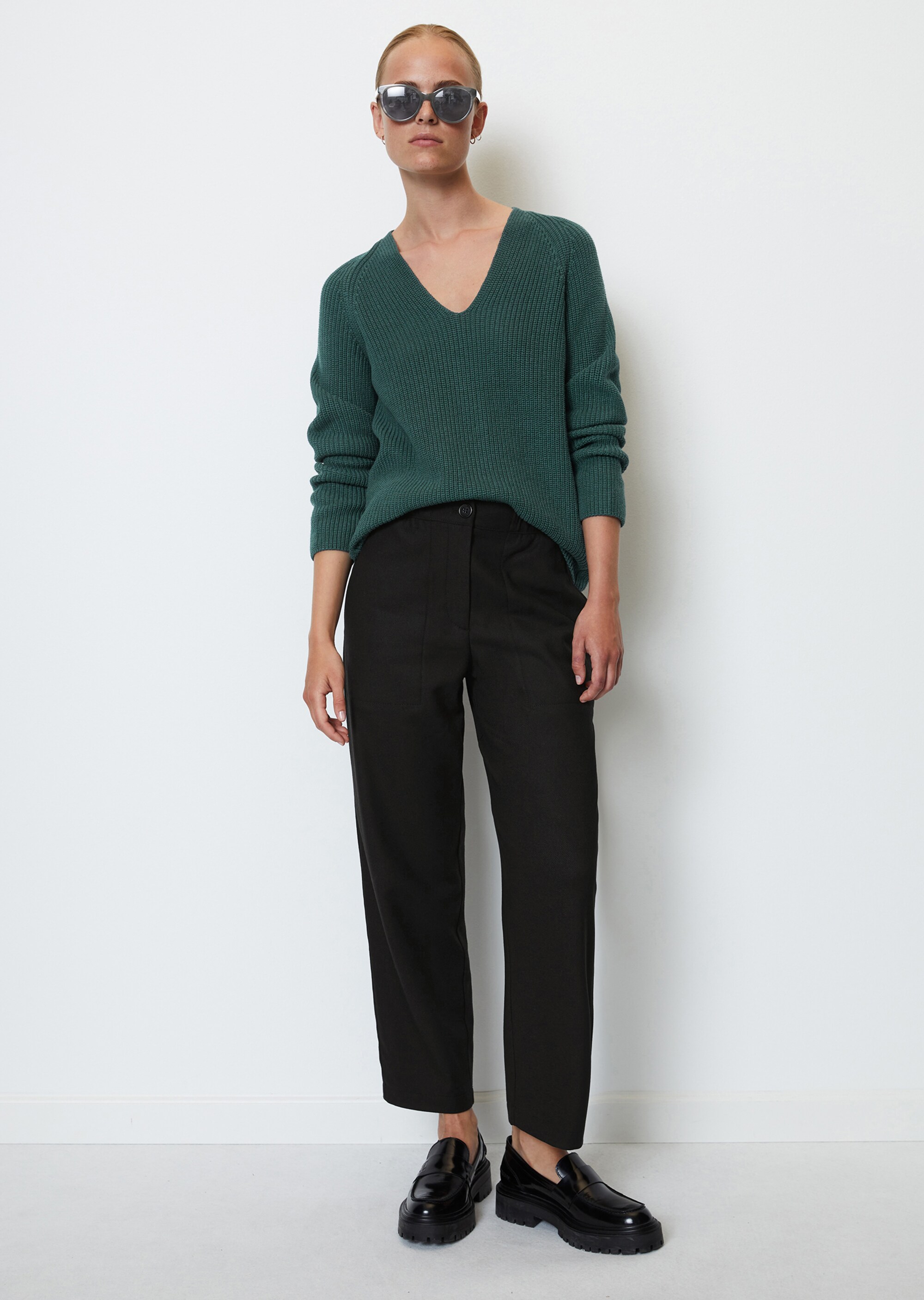 V-Neck-Strickpullover relaxedaus schwerem Baumwoll-Garn
