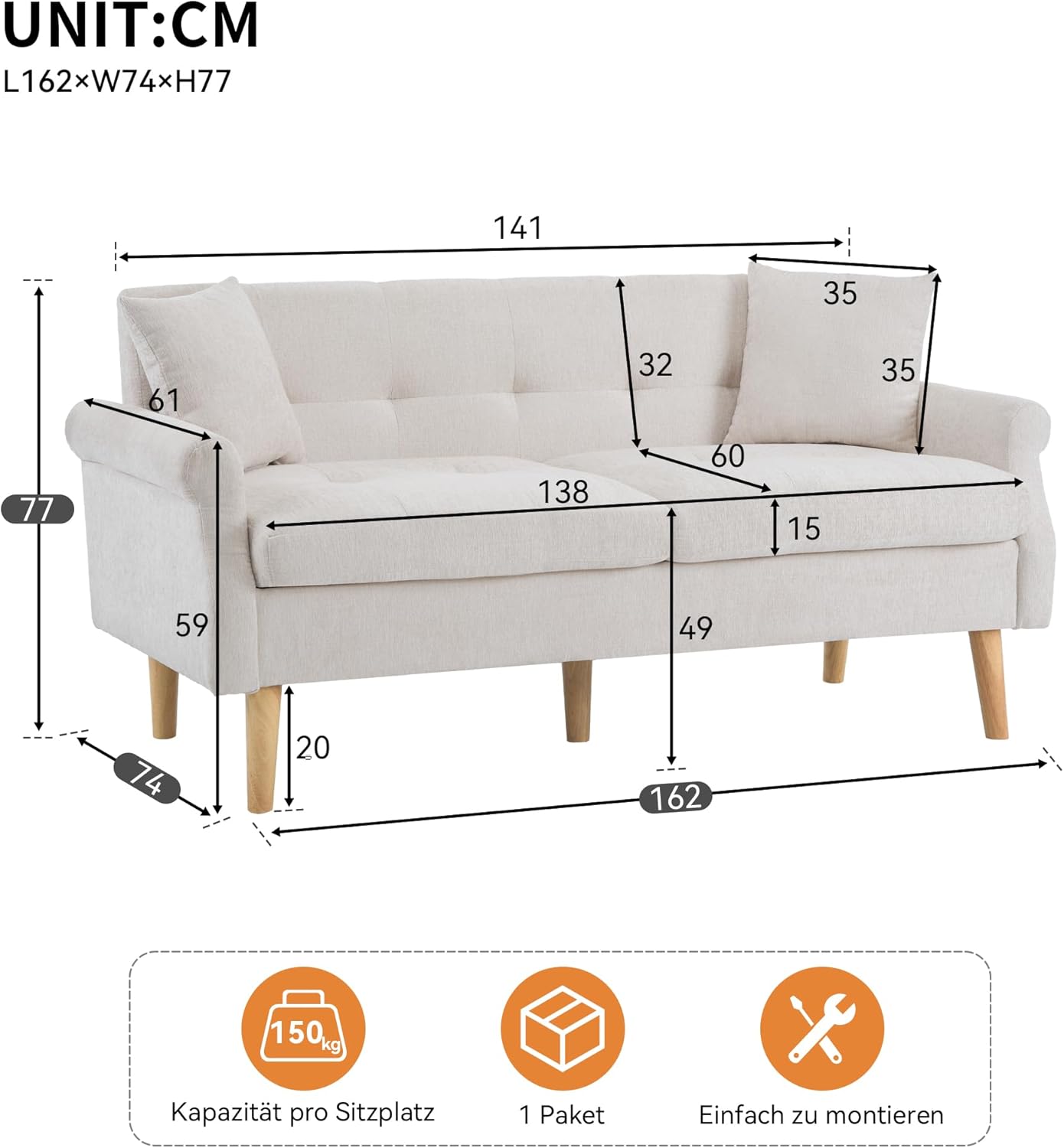 Merax 2 Sitzer Sofa Klein Couch, 162 cm Polstersofa aus Chenille-Stoff Modern Mini Sofa mit dicken Kissen, massiven Holzsofalegs, Doppelsofa für Wohnzimmer/Schlafzimmer/Wohnung, Beige