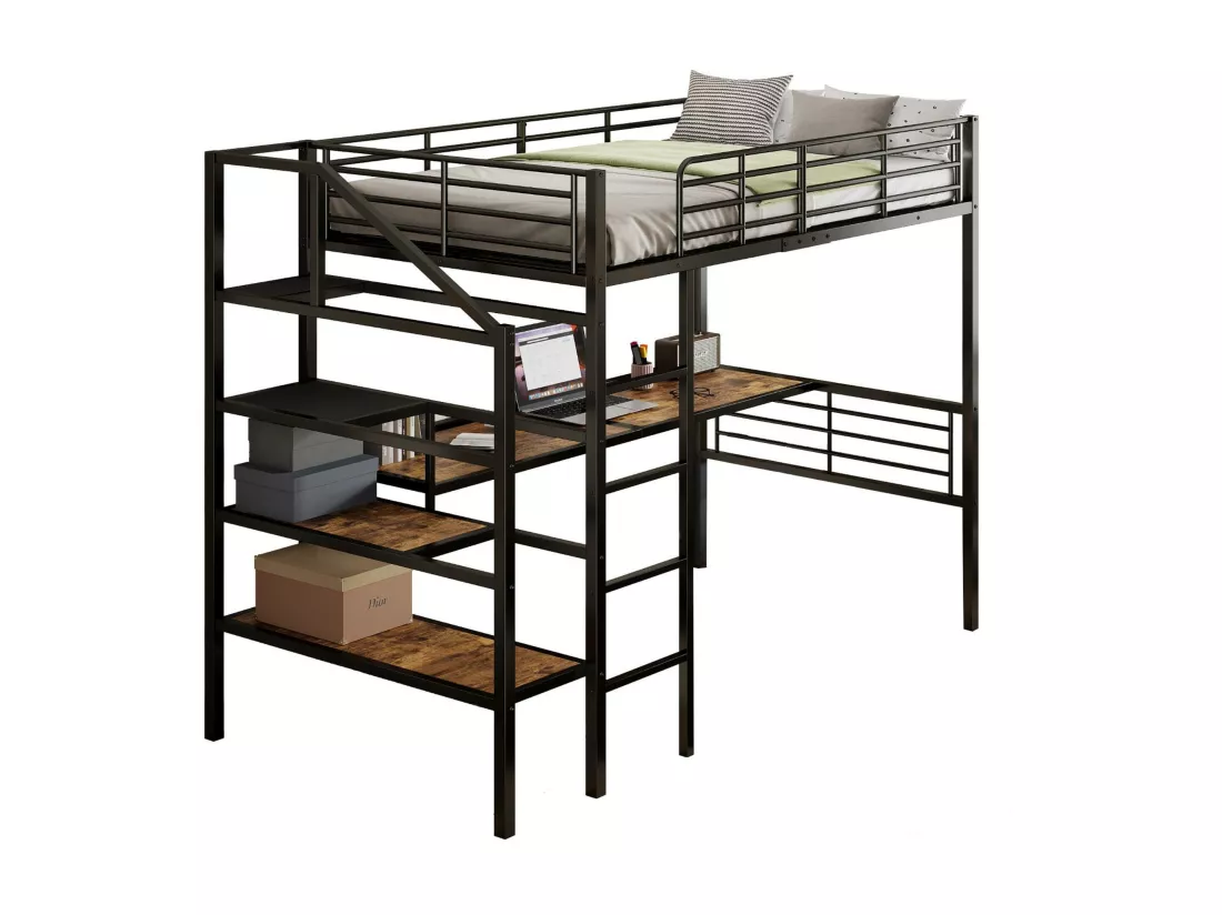 Lit mezzanine 90x200cm en métal - avec bureau et échelle de rangement - Noir