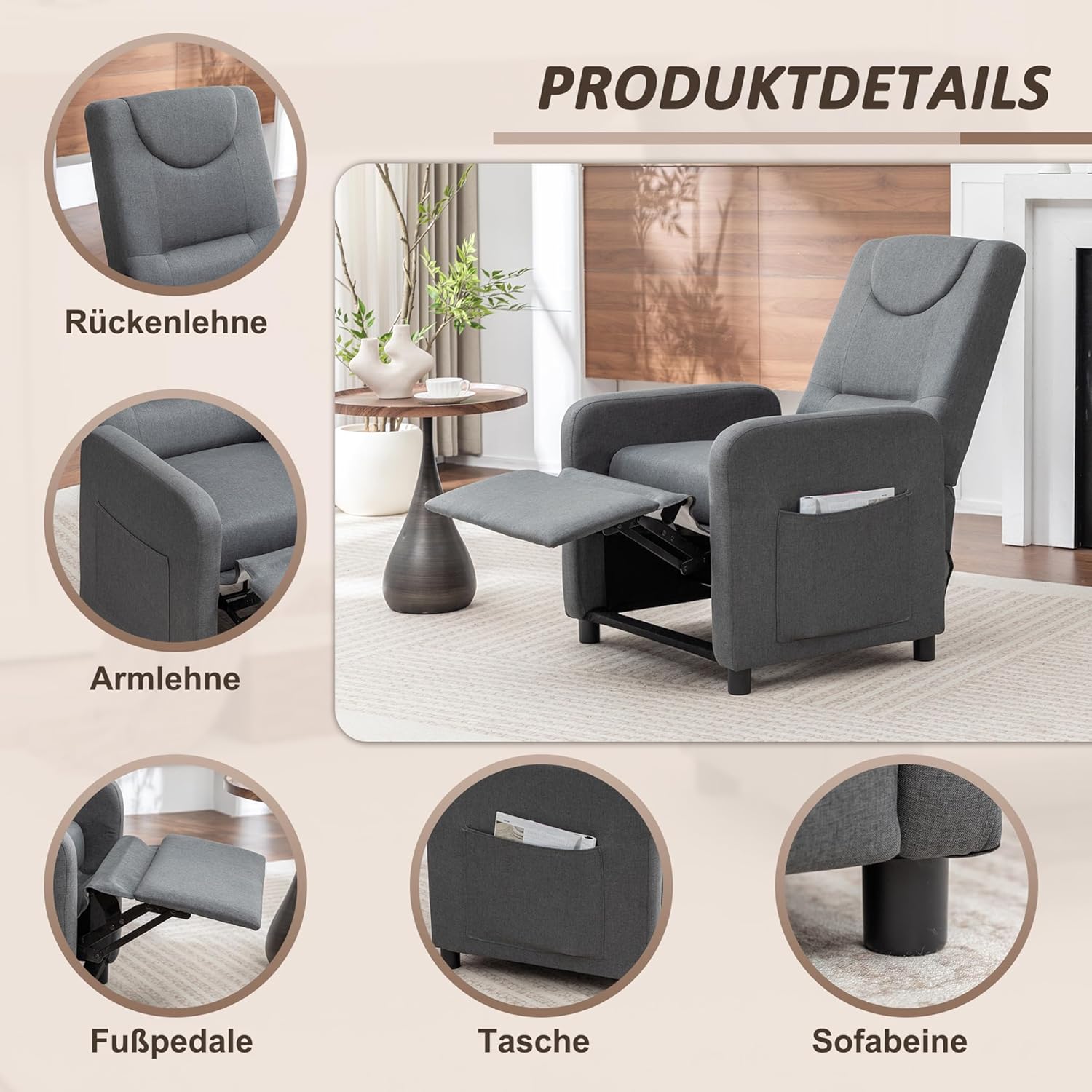 Relaxsessel Fernsehsessel Ruhesessel mit Liegefunktion, Einzelliege Sessel 140° Verstellbarer Rückenlehne, Ergonomisch Lounge Sessel bis 160 kg für Wohnzimmer Heimkino, (Dunkelgrau)