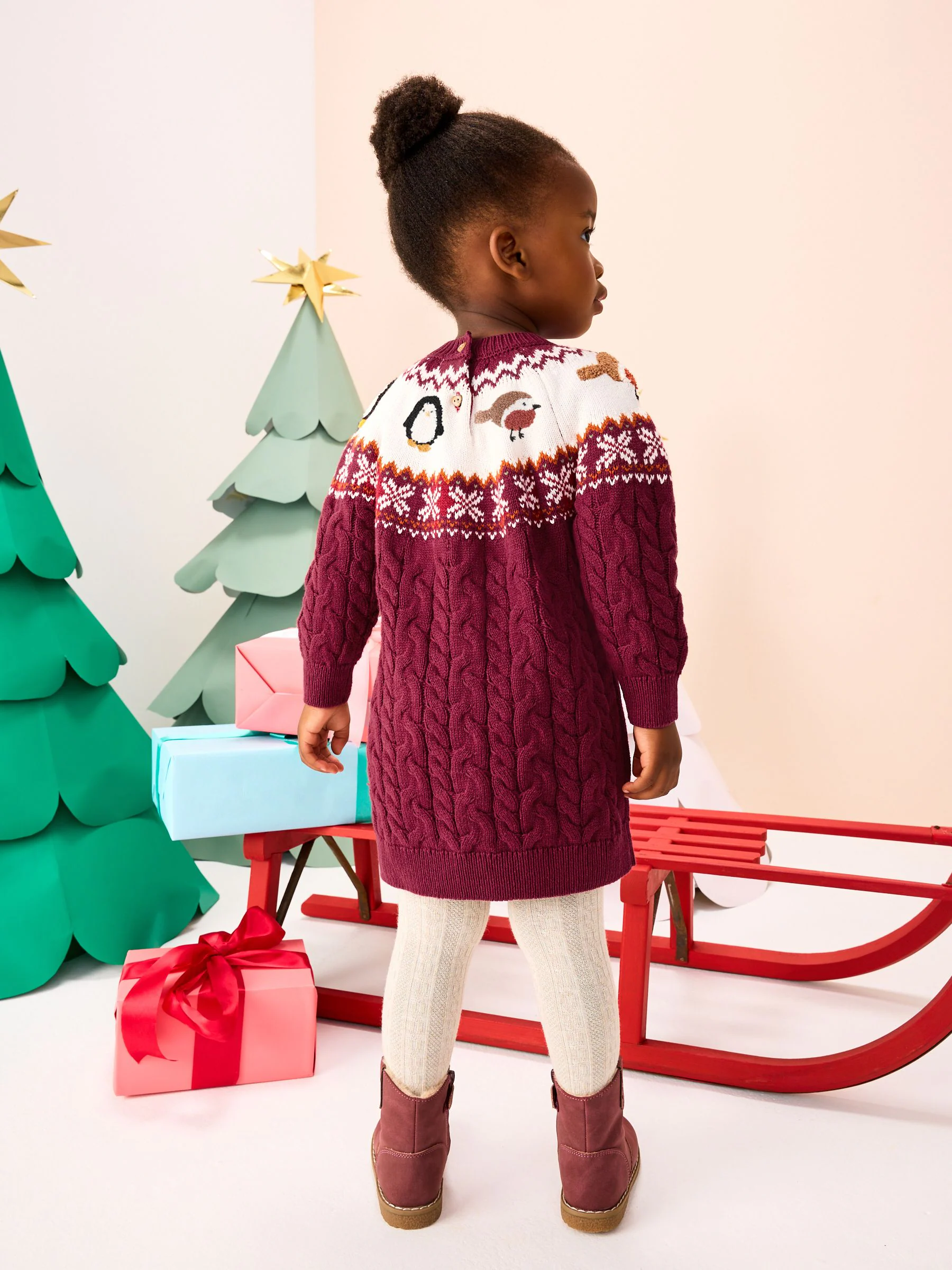Paarsrood - Truijurk met kerstfiguren en fairisle-motief (3mnd -10jr)