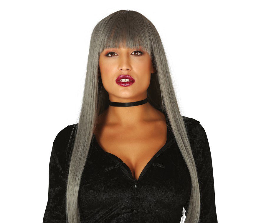 Halloween Pruik Lang Haar Pony Grijs