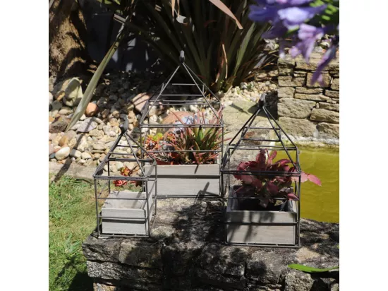 Set3 jardinières jardin extérieur bois métal marron 25-36-38cm