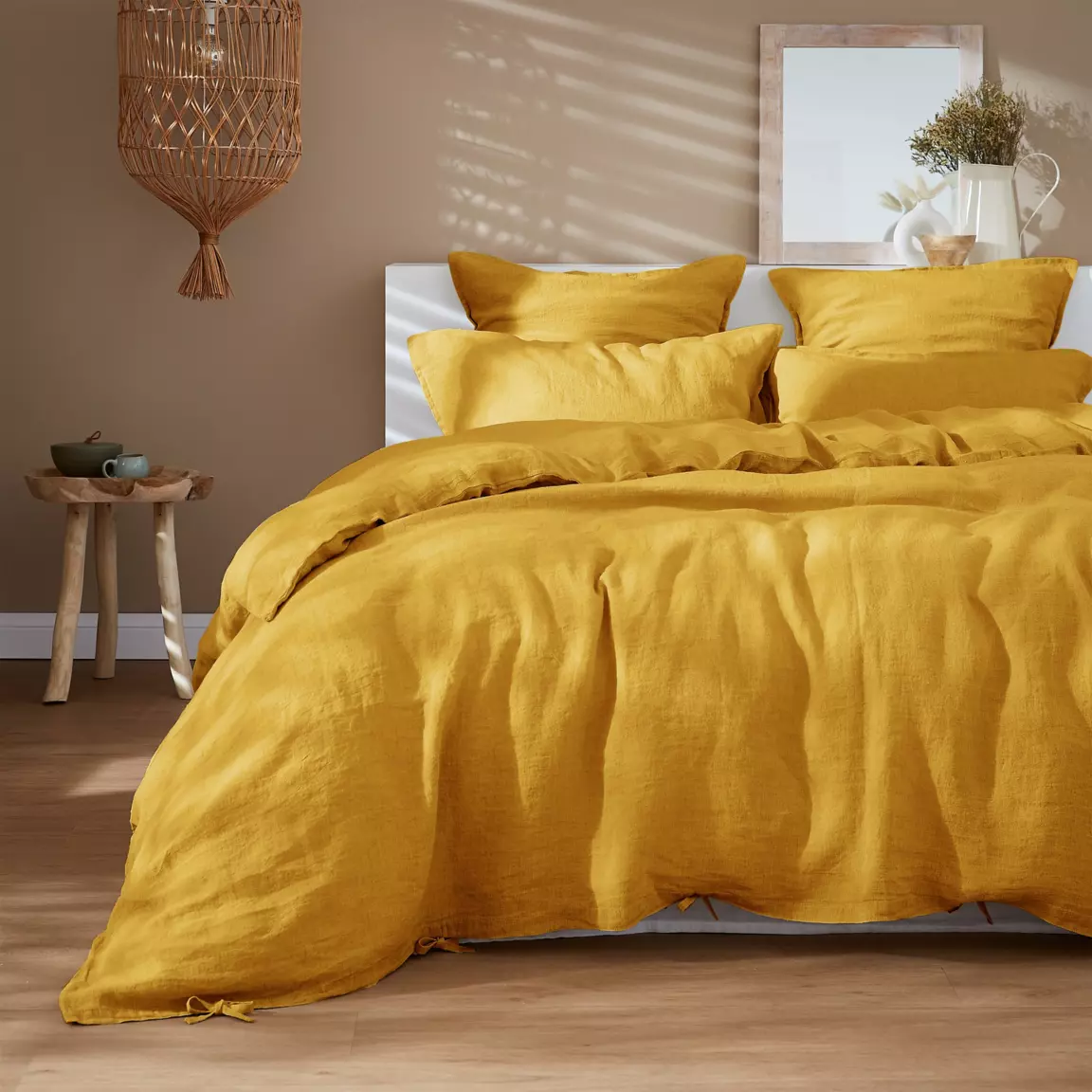 Drap plat lin lavé (270 x 300 cm) Louise Jaune moutarde