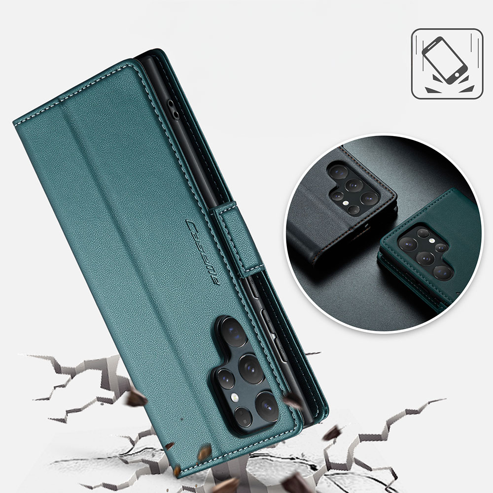 Samsung Galaxy S25 Ultra Leder Tasche Flip Wallet Etui mit Kartenfächern Litchi Look (RFID Schutz) - Grün
