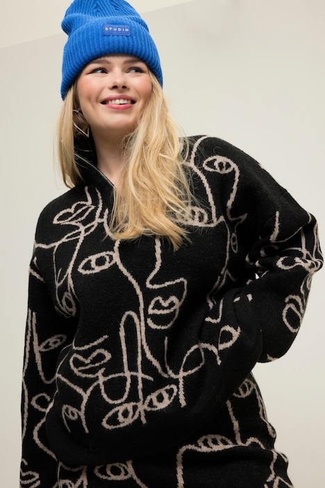 Troyer, oversized, Face-Silhouetten, Stehkragen mit Zipper