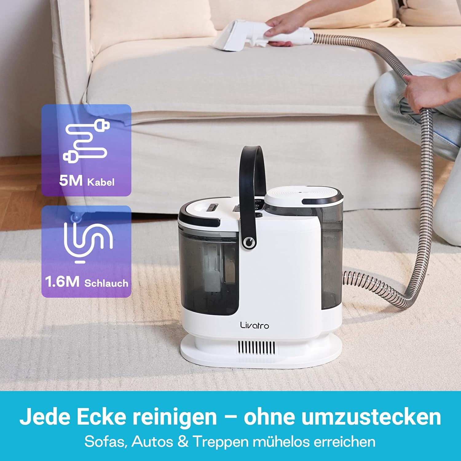 Polsterreiniger Gerät Nasssauger Waschsauger, 15 KPa Nasssauger Polsterreiniger, 1,6 L Wassertank, Kompakter Dampfreiniger Polstermöbel, Selbstreinigung, für Teppiche, Sofa, Vorhänge, Auto