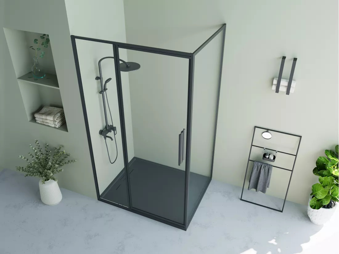 Paroi de douche avec porte pivotante noir mat style industriel - 120 x 80 x 195 cm - TORONI