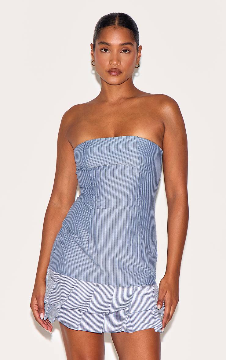 Bleu Robe Droite Bustier À Fines Rayures Contrastées