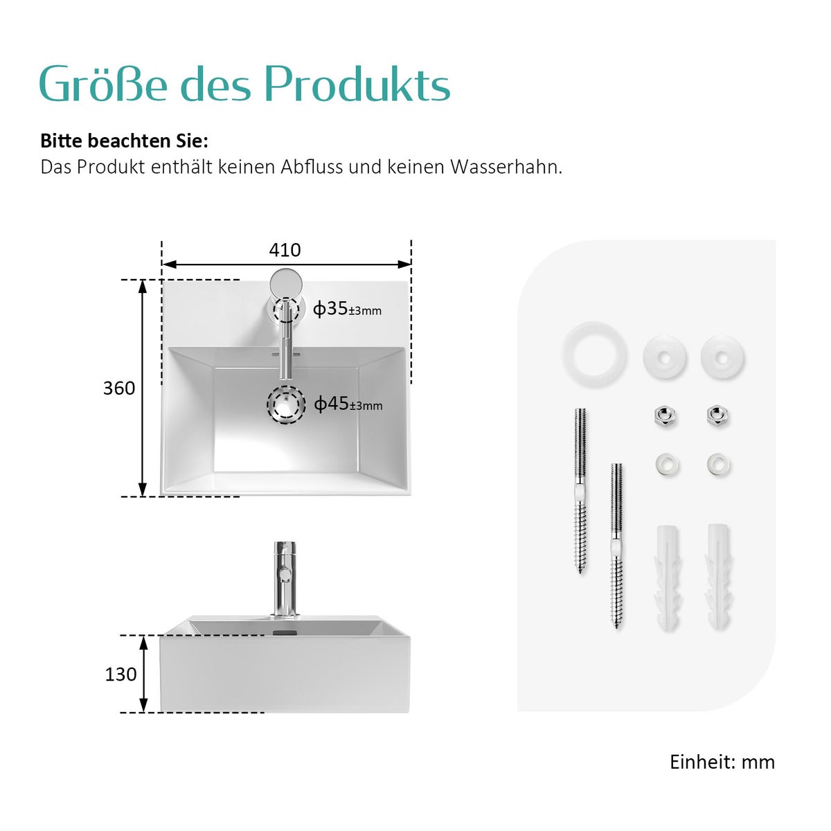 EMKE keramische wastafel met kraangat, modern design voor de badkamer, 415 mm x 130 mm x 360 mm, wit
