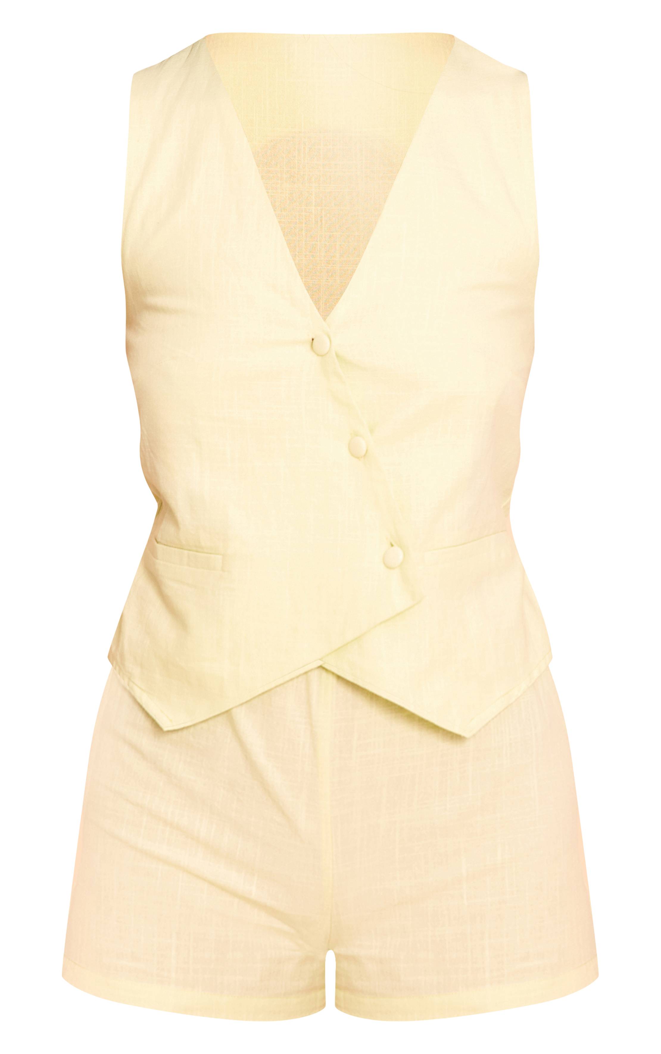 Pale Lime Combi-short Gilet Asymétrique Ajusté Aspect Lin
