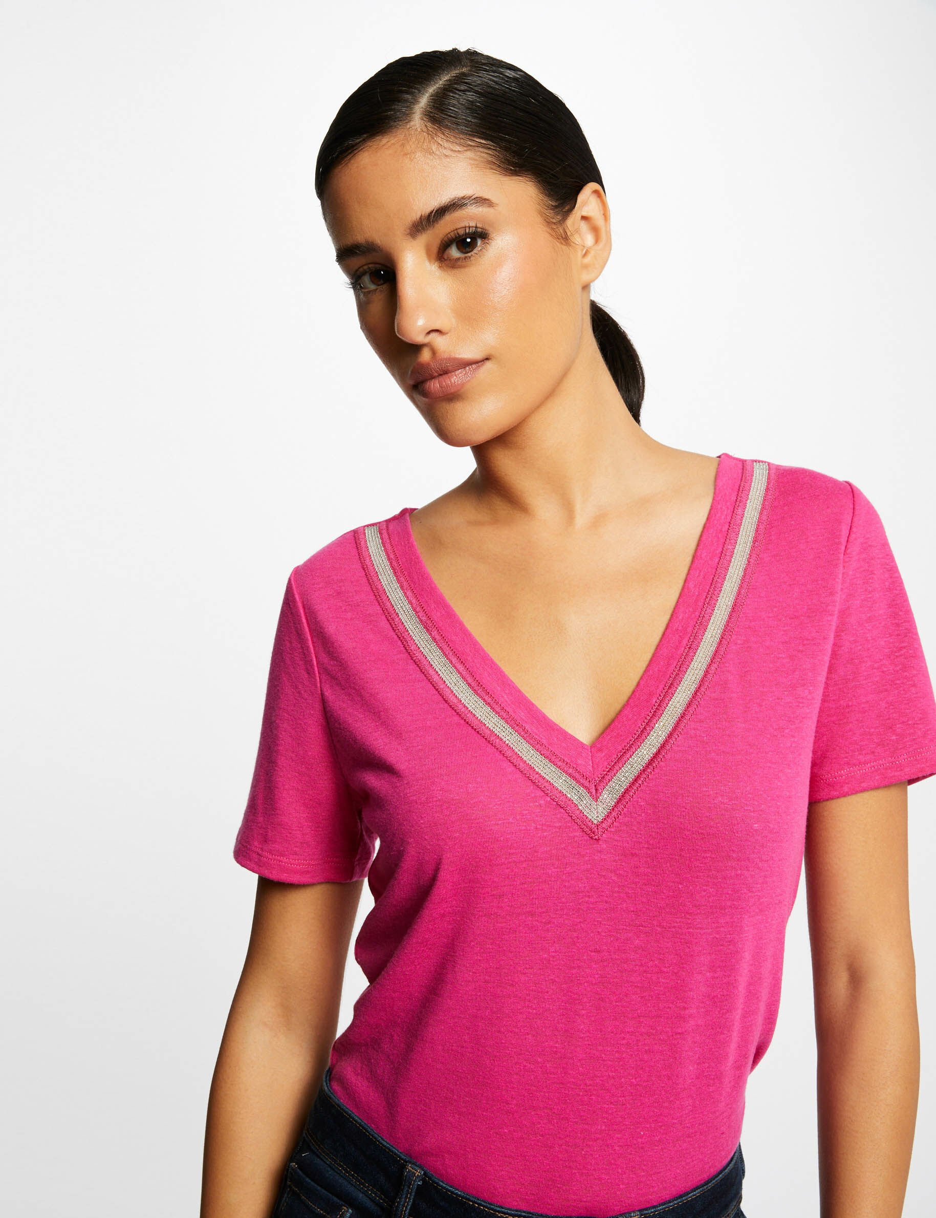 T-shirt manches courtes à détails bijoux rose fonce femme - rose_fonce