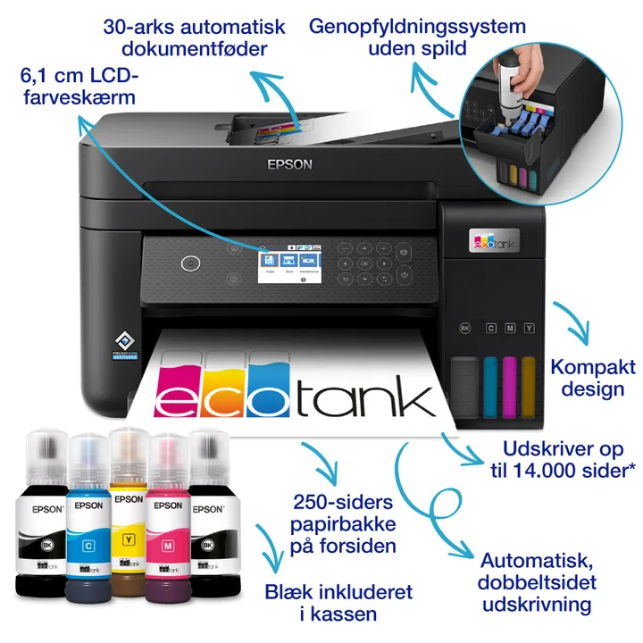Epson EcoTank ET-3850 - Multifunktionsprinter - farve - blækprinter - A4/Legal (medie) - op til 15.5 spm (udskriver) - 250 ark - LAN, Wi-Fi