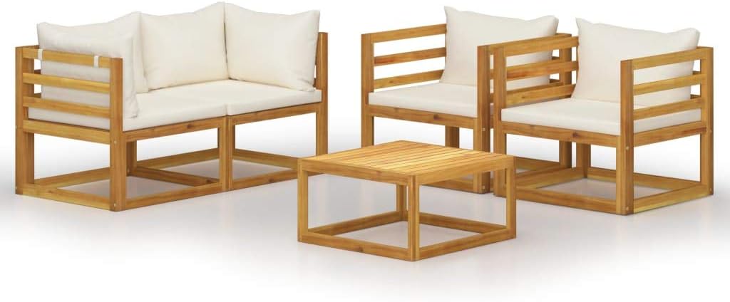 INLIFE 5-TLG. Garten-Lounge-Set mit Auflagen Creme Massivholz Akazie-7640