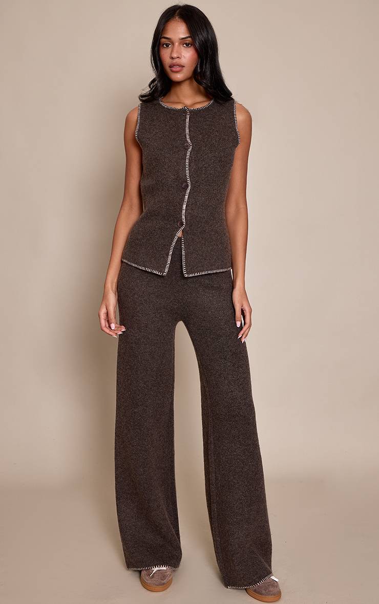Chocolat Gilet Long En Maille De Laine Brossée Avec Point De Couverture