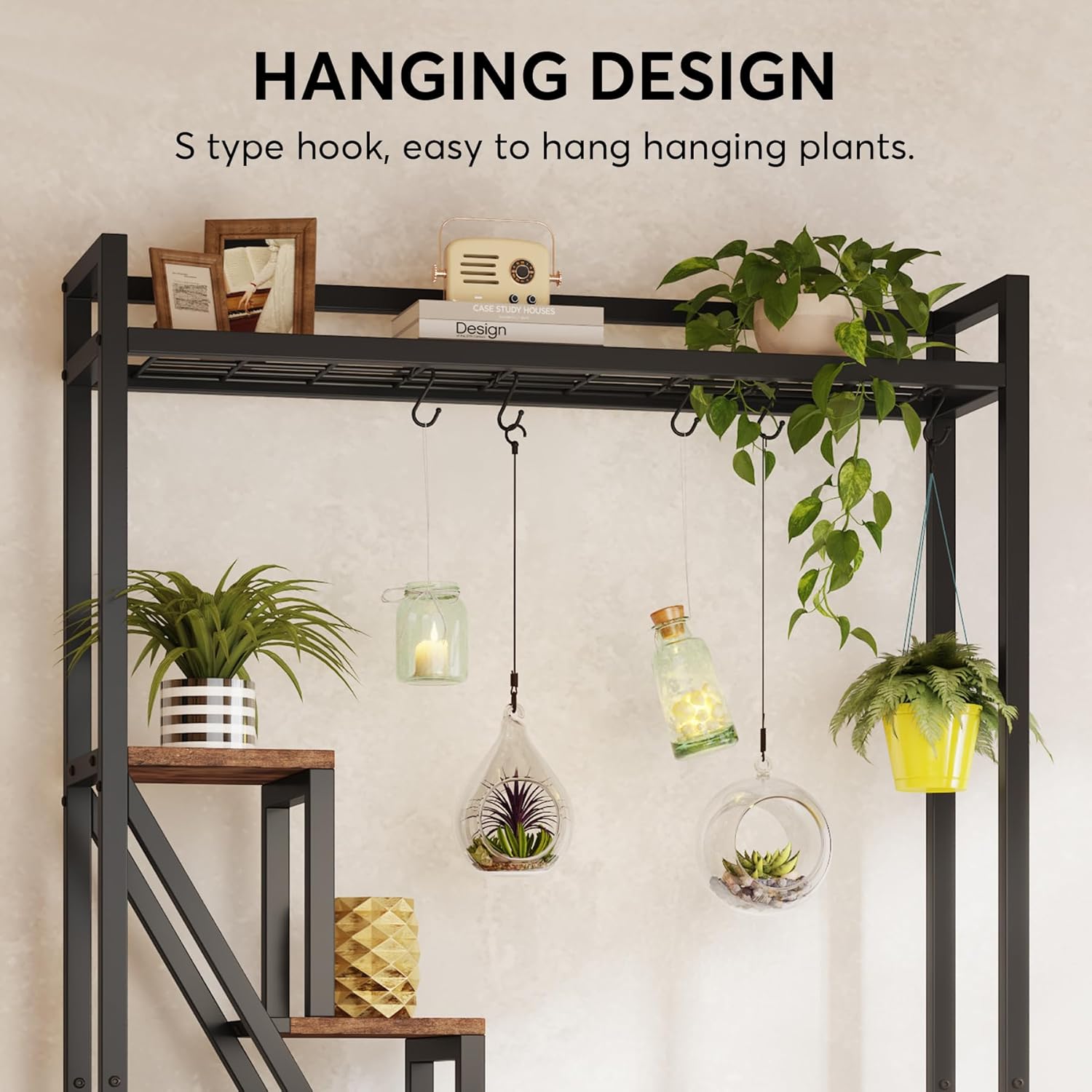Tribesigns Blumenständer, 7 Ebenen großes Pflanzenregal mit 5 S-Haken, 180cm Hoch Pflanzenständer industrieller Blumenständer aus Holz für Indoor Balkon Boden Blumentreppe Wohzimmer (Rustikales Braun)