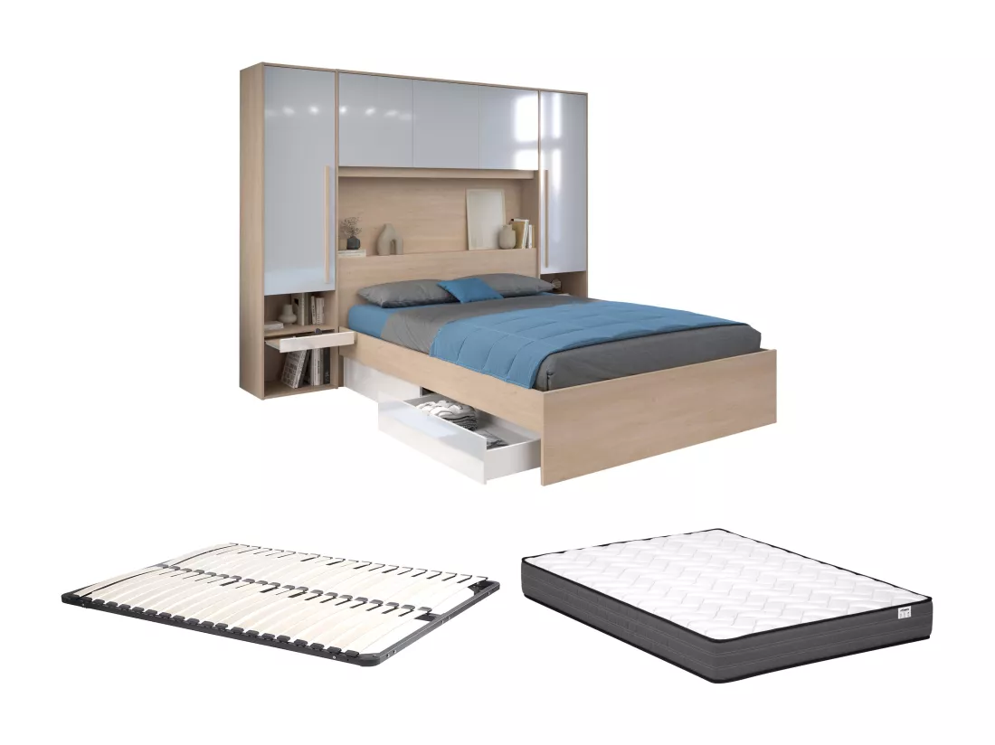 Lit pont 160 x 200 cm avec rangements - avec LEDs - Coloris : Naturel et blanc brillant + Sommier + Matelas - VELONA