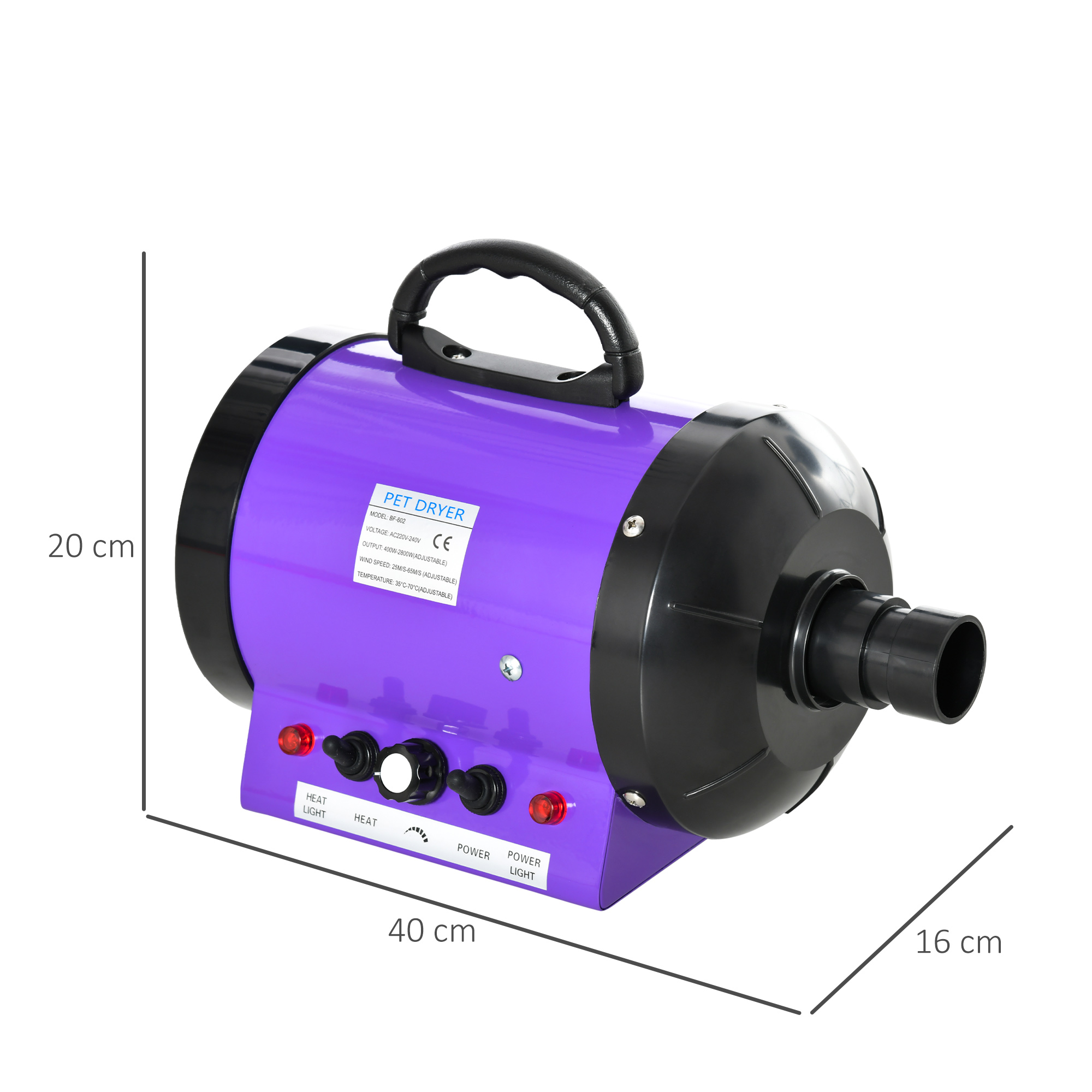 Secador de pelos para cães PawHut 2800W, soprador de água para animais de estimação com temperatura e velocidade do vento ajustáveis, 3 bicos, mangueira flexível de 2,1 m, alça portátil, 40 x 16 x 20 cm, preto e roxo.