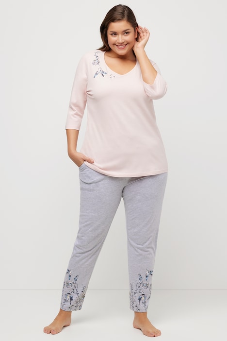 Pyjama, Vögel, Ziersteine, Rundhals, 3/4-Arm